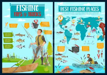 Fishing, hobby and sport fish catch. Vector fisherman with net and tackles or lures at lake or sea, seafood and fish catch of squid, pike or perch and marlin, shrimp and salmon on world map