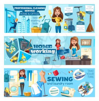 Home cleaning and rope access glass cleaning service banners. Vector office and home washing, mopping, needlework sewing and laundry or dishwashing housekeeping staff and tools