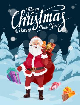Santa Claus carrying Christmas gifts in red bag, vector greeting card. Present boxes in snow, winter forest, snowy tree and falling snowflake. Christmas and New Year holidays design