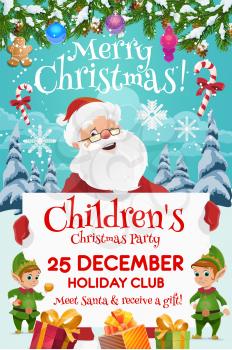 Kids Christmas party with Santa, Xmas gifts and elves vector design. Claus showing invitation card with present boxes, ribbon bow and spruce tree, show, balls and candy cane, snowflake and gingerbread
