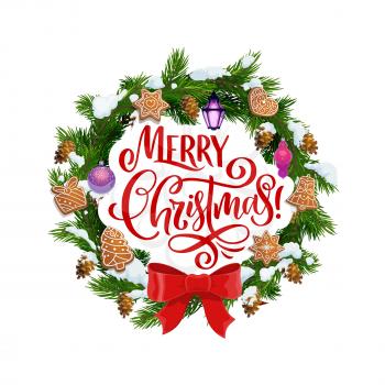 Christmas greeting, fir wreath and snow, gingerbread cookies. Vector bow of red ribbon and Xmas tree decorations, toy ball and lantern, cones. Pastry products in shape of star and heart, gift and bell