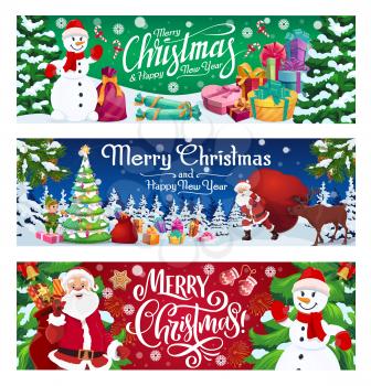 Merry Christmas winter holiday, vector banners. Santa Claus and elf, snowman and deer, Xmas tree and garland. Gifts and candies, mittens and gingerbread cookies, presents and sack