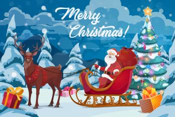 Christmas sleigh with Santa Claus and gifts, Xmas tree with star, lights and snow, present boxes, balls and candy canes. Christmas greeting card vector design with New Year winter holidays characters