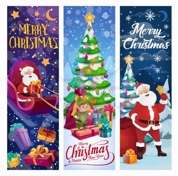 Christmas tree, Santa and Xmas gifts vector design. Reindeer sleigh with Claus, elf and winter holidays present boxes, spruce, bell and snow, star, ball and candy cane, ribbon bow and snowflake