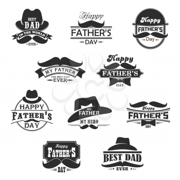 Father day holiday greetings, mustaches and ribbons icons. Happy Fathers Day symbols of gentleman hat and bow tie with My Father Hero and Best Ever Dad black and white banners