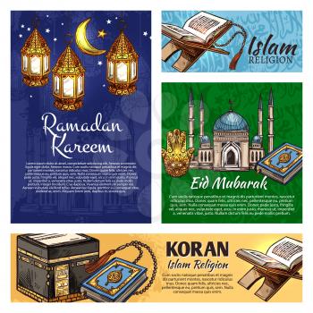 Islam religion Ramadan Kareem and Eid Mubarak festive lantern, muslim mosque and Koran. Crescent moon, Kaaba masjid and lamps, Quran, rosary beads and hamsa vector sketches design