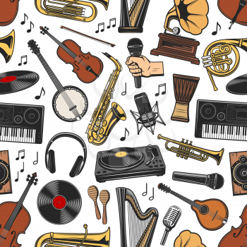 Musical instruments seamless pattern background. Vector trumpet and harp, gramophone, banjo and violin, synthesizer and drum, vinyl disc. Headphones and microphone, maracas and saxophone with notes