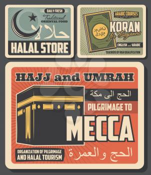 Islam religion sacred Quran book, Kaaba building of Mecca mosque, crescent moon and star vector posters of Muslim religious architecture or culture. Arabic courses, religious travel, pilgrimage design