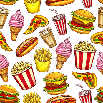 Fast food seamless pattern, vector meals and drinks. Pizza and ice cream, french fries and cheeseburger, hot dog and popcorn, soda and coffee. Takeaway dishes and beverages background