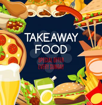 Fast food menu cover of takeaway snacks and drinks special offer. Vector fastfood restaurant or cafe burgers, pizza or Mexican burrito and Asian noodles with chicken grill legs and kebab