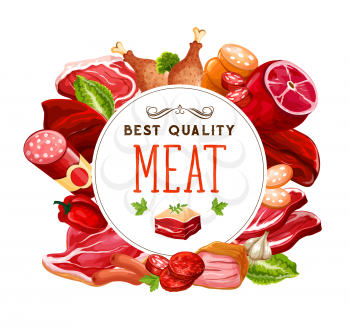 Meat and butcher shop grocery products. Gourmet sausages and meaty delicatessen gastronomy, pork bacon, ham or pepperoni and salami, smoked beef brisket or cervelat and chicken leg