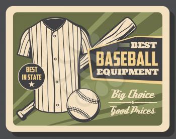 Baseball player outfit and game equipment store vintage retro poster. Vector baseball bat and ball, batter or catcher and umpire vest shirt
