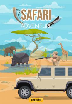 African safari hunting adventure. Hunter on hunt truck car with rifle gun and horn hunting on savanna elephant, hippopotamus or zebra wild animals trophy