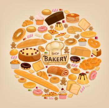 Bakery desserts, pastry and bread. Vector bakery shop sweet donut, chocolate pie or tiramisu torte and cupcake, wheat bagel or pretzel and rye bun with baguette, croissant and baker hat