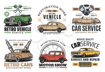 Retro cars service, vintage motor museum show and exhibition icons. Vector vintage automobile spare parts store, diagnostic or repair station and automotive mechanic garage