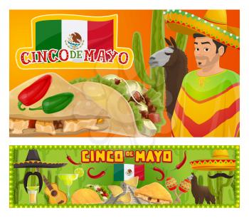 Cinco de Mayo holiday mariachi with guitar, sombrero and traditional food of fiesta party vector invitation. Flag of Mexico, cactus and tequila margarita, chilli tacos, maracas and alpaca banners
