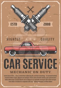 Car service and vehicle repair station. Vector engine motor spark plugs replacement or vehicle spare parts store and mechanic diagnostic or restoration garage vintage poster