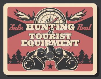 Hunting ammunition and tourist items with hunter binoculars and compass, antlers and forest tree landscape. Vector huntsman or scout camping gears, tourism, travel, vacation and outdoor adventure theme