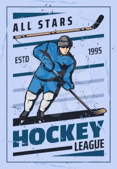Ice hockey player with stick and puck skating on rink, vector retro poster. Winter sport game championship or league tournament match announcement