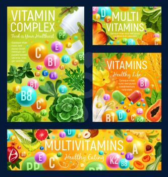 Vitamin complex of healthy food, fruits and vegetables. Natural sources of multivitamin in fresh herbs, organic orange and cabbage, mango, nuts and papaya. Vector vitamin capsules and pills
