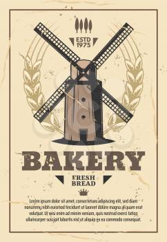 Mill, flour milling and bread bakery, vintage vector. Old windmill with grains of wheat and barley ears. Milling and agriculture company, bakery and grocery shop design