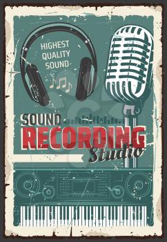 Music sound recording studio, retro microphone and headphones, equalizer wave, electric piano keyboard and musical notes, vector. Audio production and entertainment industry theme