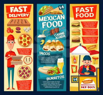 Fast food pizza delivery, mexican restaurant meal and street food vender. Vector burger, hot dog and hamburger sandwiches, burrito, taco and enchilada with soda and coffee drink