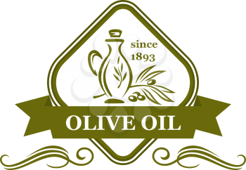 Olive oil vector emblem. Creative design with olive branch and jar or pot. Design element for organic oils manufacturer. Green icon isolated on white background. Agricultural vector sign