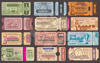 Basketball championship retro admission tickets. Sport item and sportsman in uniform throwing ball into basket, gold cup and score, arena stadium. World sporting tournament vintage admit tickets