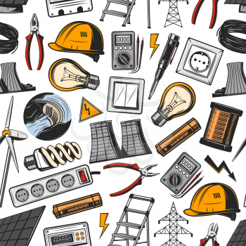 Electricity and energetics vector seamless pattern. Helmet and light bulb, socket and switch, wire and voltmeter, hydro or wind power plant, solar battery and ladder. Electrical tools and generation