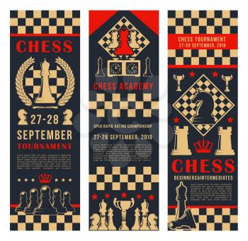 Chess club vector banners of chessboard and chessmen game pieces. King and queen, rook or pawn and knight bishop. Intellectual sport championship or tournament and contest announcement