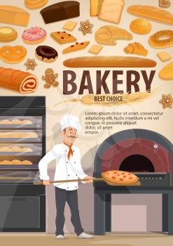 Bakery with bread and pastry products, baker putting pizza in stove. Donut and gingerbread cookie, bun and cracker, roll with jam and baguette, waffle and pretzel, croissant and wheat