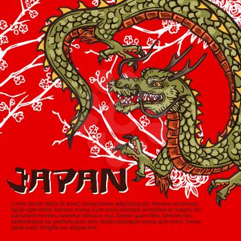 Japanese fying dragon, travel poster. Green mythical creature, beast with long tail and claws, whiskers and horns on sakura branches silhouette background. Culture and tradition of Japan