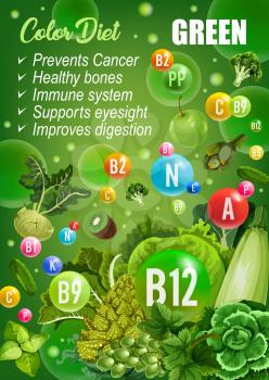 Dietary menu, color detox diet, green day vegetables and fruits. Vector broccoli and artichoke, cabbage and zucchini, cucumber and kiwi, grape and basil. Vitamins for cancer prevention, immune system