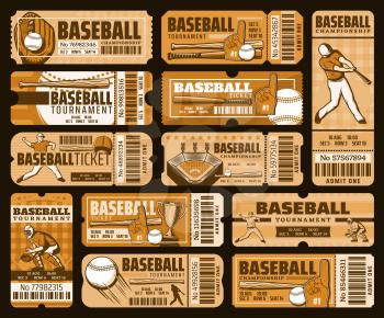 Baseball match tickets, championship and tournament, stadium admission. Vector sporting items, glove and ball, bat and helmet. Trophy cup and player, team cheer, play field and tribune