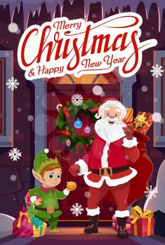 Santa and Xmas gnome delivering holiday gifts at Christmas Eve. Claus with red bag and presents standing on porch of house, decorated with wreath, ribbon, snowflake and balls. Vector greeting card