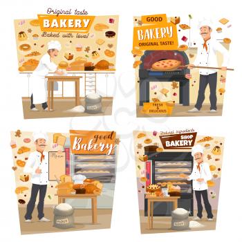 Baked bread and pastry at baker shop. Vector baker man profession, baking pizza and baguettes of wheat flour in oven with patisserie sweet desserts and cakes at kitchen