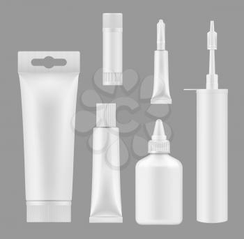 Glue tubes and sealant containers 3D white blank mockups. Vector isolated models silicon caulk foam cartridge and adhesive glue bottle or stick packages
