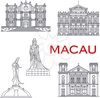 Macau architecture line facade icons, famous religious historic landmark buildings. Vector St Joseph church, A-ma Goddess and Kun Iam Statue, Nativity cathedral and Holy House of Mercy