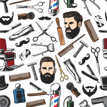 Barbershop salon items and man haircut, beard shaves pattern background. Vector seamless pattern of barber shop pole, scissors or trimmer and brush with razor, mustaches and comb