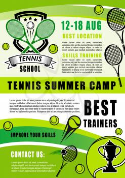 Tennis summer camp or training sport school poster. Vector design of tennis league or team badge with rackets, ball and stars for victory cup open championship or tournament