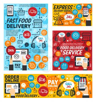 Fast food delivery service, online order of fastfood restaurant or cafe from smartphone. Vector linear user phone, delivery of mexican snacks and drinks, pizza and burgers, desserts and hot dog