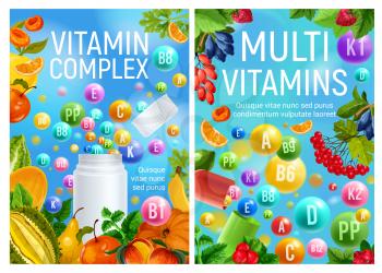 Vitamins in vegetarian vegetables, organic fruits and natural berries. Vector multivitamins and minerals complex in healthy nutrition food for dietetics and healthcare design