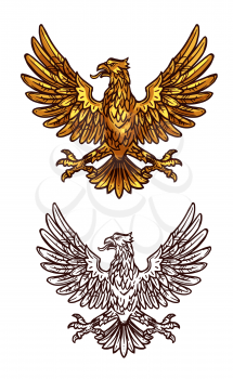 Gothic heraldic eagle sketch icon of golden griffin with beak, spread wings and claws. Vector vintage royal or monarchy gryphon vulture mystic bird silhouette for emblem, shield or coat of arms symbol