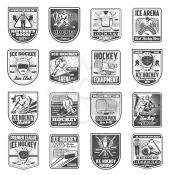 Hockey icons and sport team badges set. Vector retro symbols of hockey player with puck and stick, goalkeeper and referee whistle with ice rink arena for premier league championship or club