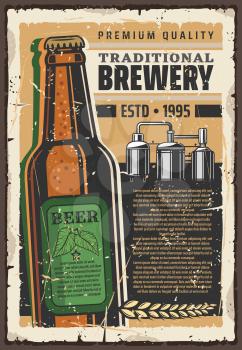 Premium brewery or beer production factory retro poster for brewing company. Vector vintage design of traditional beer bottle with hop leaf, malt and quality star