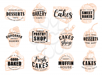 Pastry desserts and sweet cakes sketch lettering for patisserie or cafeteria and bakery cafe. Vector calligraphy for chocolate cupcake, tiramisu or muffin and cheesecake for pastry shop