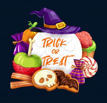 Halloween trick or treat sweets vector design. Pumpkins and witch hat with chocolate candies, jelly strips and lollipops, decorated with sugar bats, skeleton skulls and zombie brain, greeting card