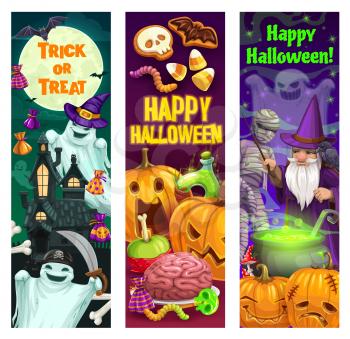 Halloween trick or treat party vector banners. Horror night ghosts, pumpkins and bats, moon, haunted house and witch potion cauldron, mummy, wizard and candies, zombie brain, skeleton skull and castle