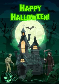 Halloween haunted house with pumpkins, ghosts, bats and graveyard monsters vector design. Horror night moon, owl and zombie hand, mummy, death skeleton and creepy trees, spooky castle and tombstones